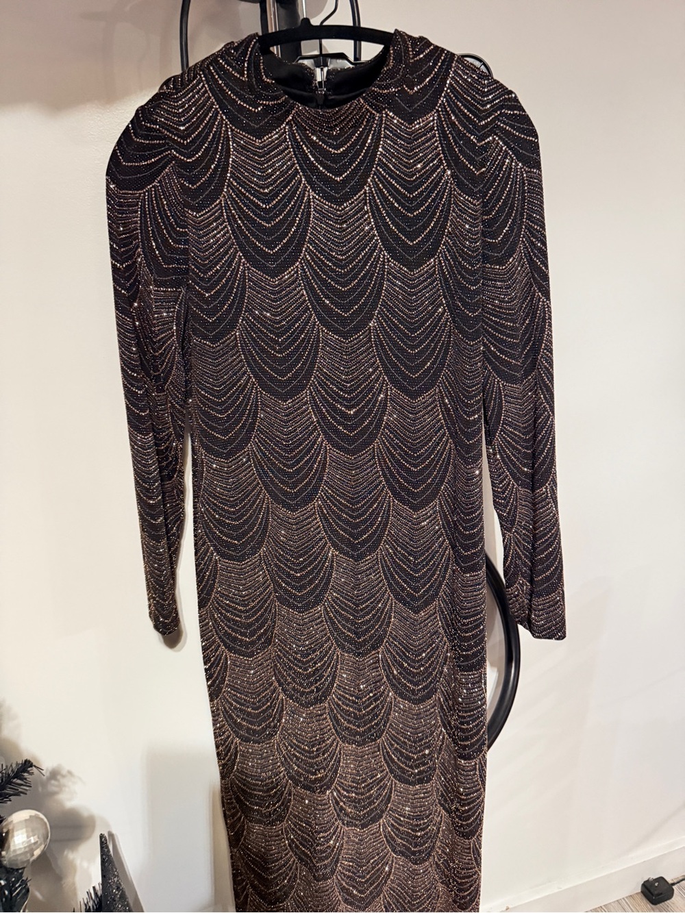 Nine West Black Dress with Gold Sparkle Long Sleeves